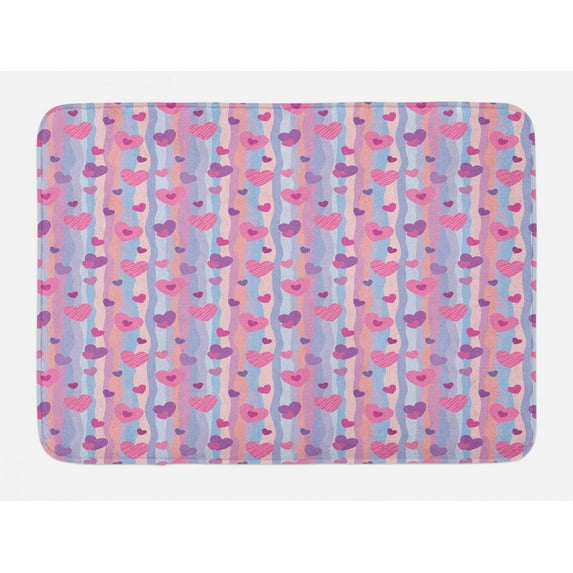 Love Bath Mat, Hearts for Valentine Vertical Stripes Lines Ornament Romance Wedding, Non-Slip Plush Mat Bathroom Kitchen Laundry Room Decor, 29.5 X 17.5 Inches, Pale Muave Blue Purple Pink, Ambesonne