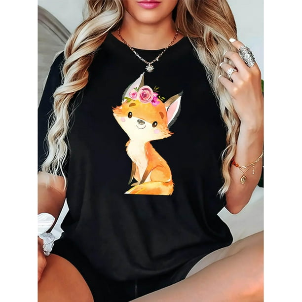Camiseta Suelta para Mujer Primavera Verano1pc Women'S Casual Crew Neck T-Shirt with Floral Fox Print, Polyester Knit Fabric, Medium Stretch, All-Season Short Sleeve Top, Animal Pattern Fashion Tee
