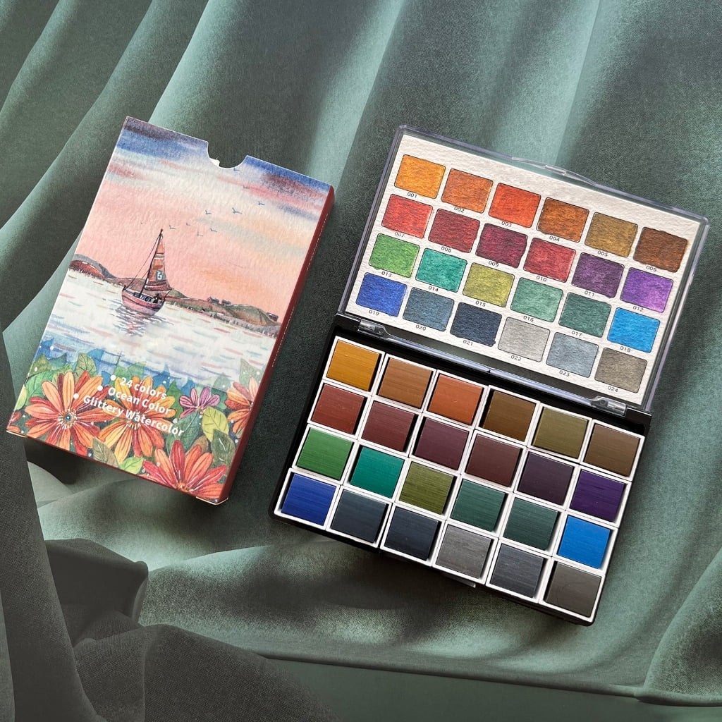 Partygee 24 Color Metallic Watercolor Paints Professional Artist Art Set for Beginner Painting on Paper Woods Fabric DIY Nail Art