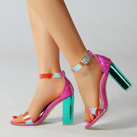 

Fashion Women s Spring And Summer Colorful Round Toe Thick Heel High-Heel Buckle Sandals