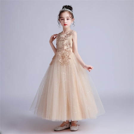 KAWELL Girls Flower Vintage Floral Lace Sleeveless Floor Length Dress Wedding Party Evening Formal Pageant Dance Gown