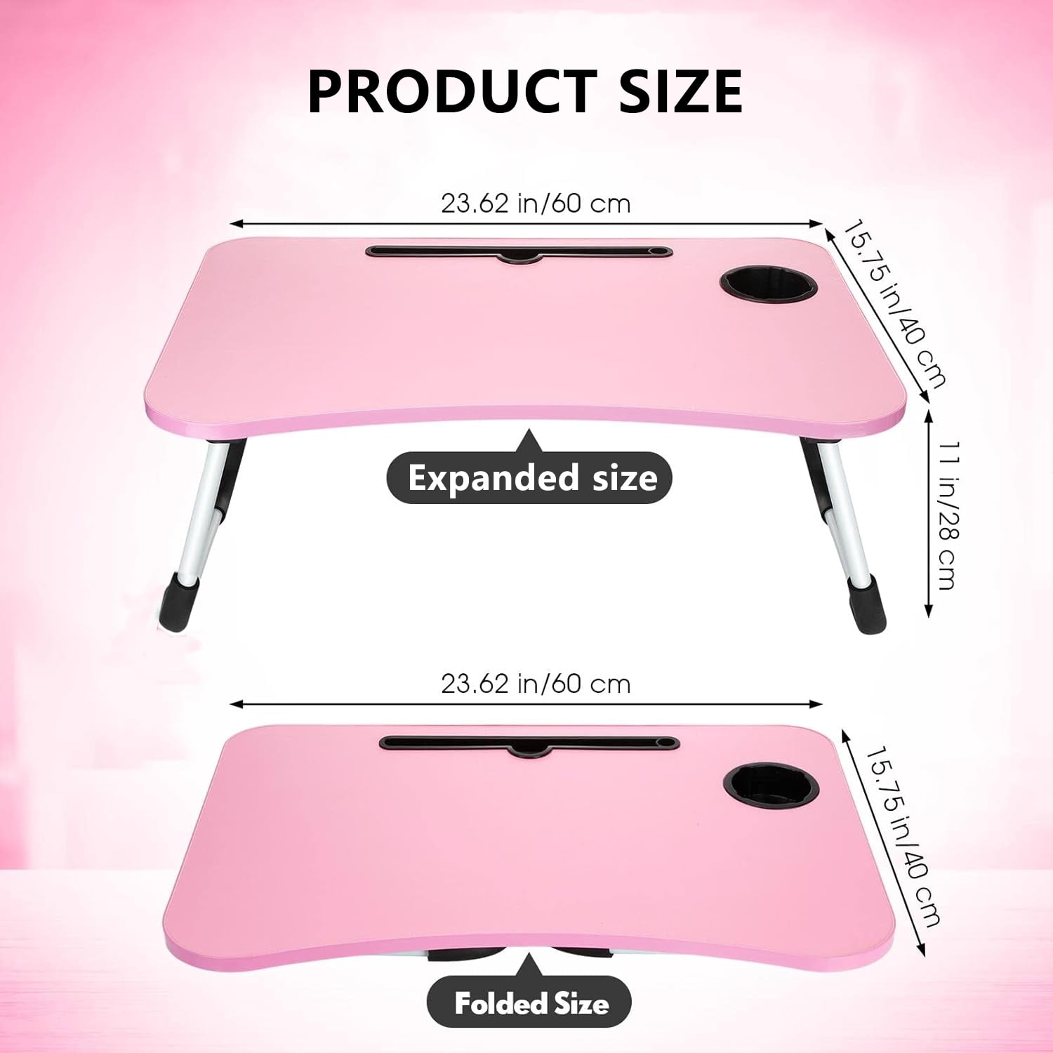 PHANCIR Foldable Lap Desk, 23.6 Inch Portable Wood Laptop Desk Table Workspace Organizer Bed Tray with iPad Slots, Cup Holder and Drawer, Anti-Slip for Working Reading Writing, Eating, Watching-Pink