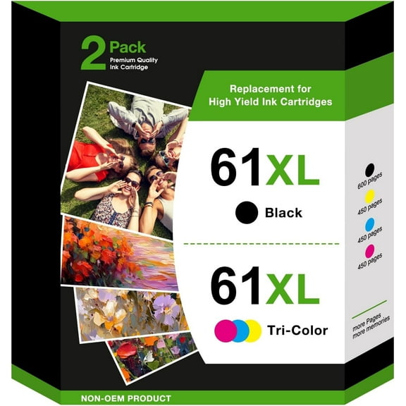 61XL Ink Cartridges Compatible for 61 Black/Tri-color Ink Work for Envy 4500 5530 4502 Officejet 4630 4635 Deskjet 1000 1010 1512 Printer (2 Pack)