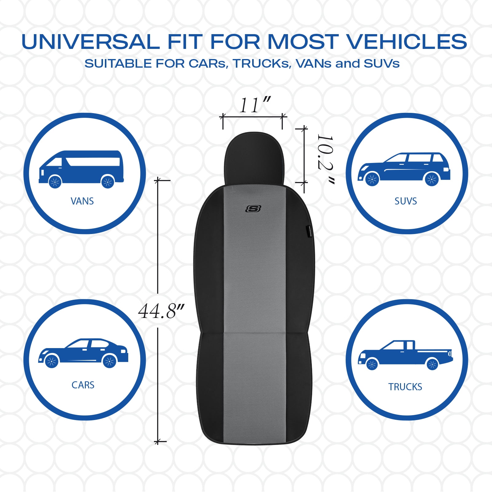 Skechers Memory Foam Fabric Car Seat Cover, Breathable, Comfortable Support, Easy Install, Stylish Design, Universal Fit for Cars and SUVs Gray