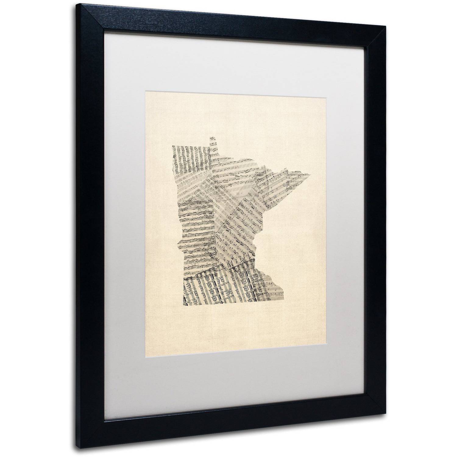 Trademark Fine Art 'Old Sheet Music Map of Minnesota' Canvas Art by Michael Tompsett, White Matte, Black Frame