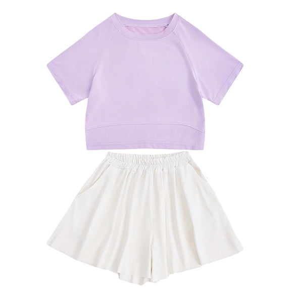 SGMVNU Girls 2 Piece Summer Athletic Outfits, Short Sleeve Crewneck Shirt Workout Top and Flowy Shorts Tracksuit, Size 5-6 Years, Light Purple
