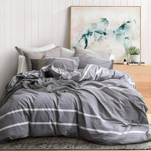 EcOcOTT 3 Pieces Duvet cover Set Queen 100 Washed cotton 1 Duvet cover with Zipper and 2 Pillowcases, Ultra Soft and Easy care Breathable cozy Simple Style Bedding Set(grey with White Stripes)
