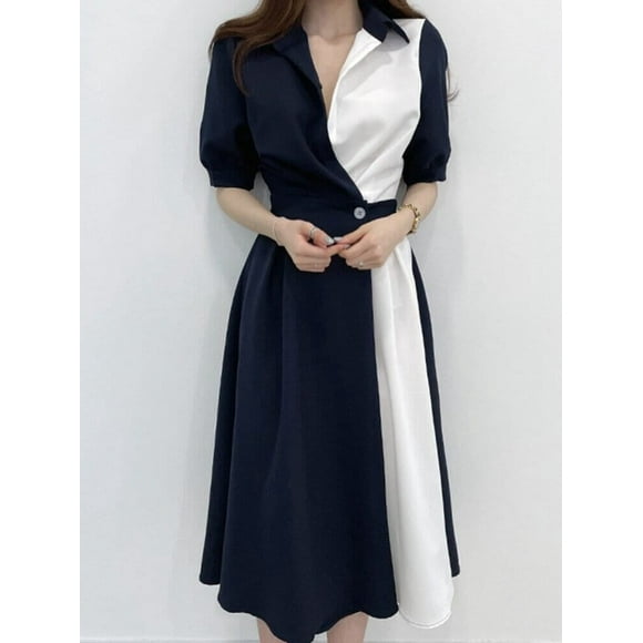 Elegant Office Ladies Patchwork Midi Dress - Summer Women's Fashion - M / Blue
