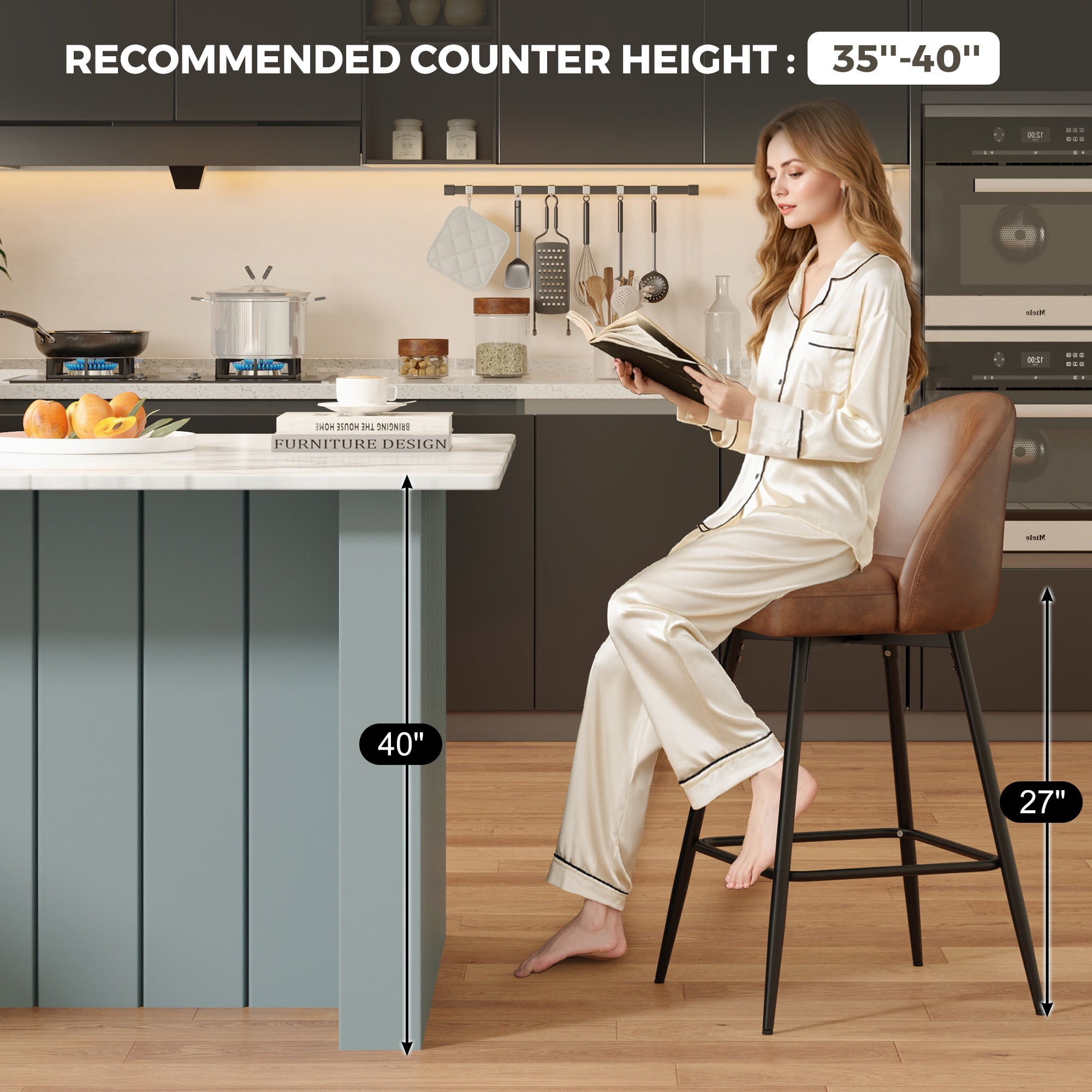 JULY'S SONG Counter Height Bar Stools with Back Sets of 2, 360°Swivel Upholstered Barstools with Metal Legs, 27" Seat Height Bar Stool for Kitchen Island, Faux Leather in Brown