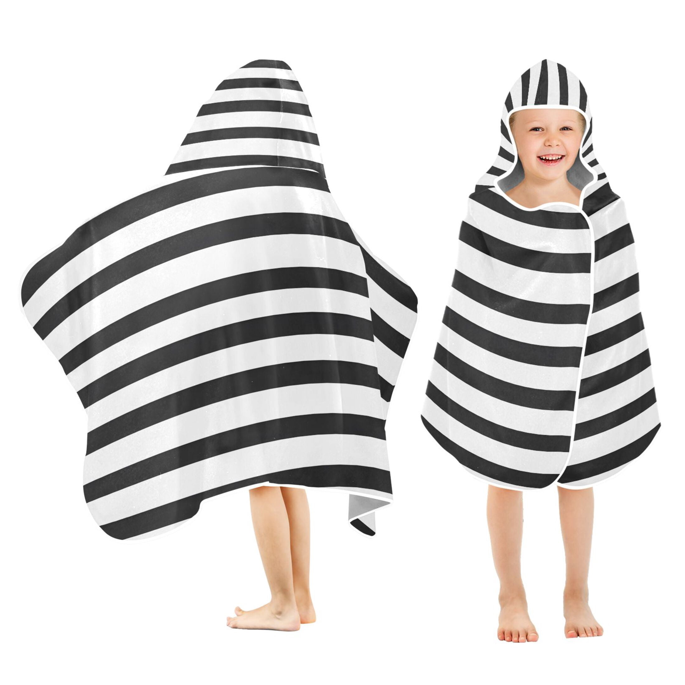 Minimalist Black and White Stripe 50x23.5" Baby Hooded Bath Towel Poncho, Quick-Dry and Triangle Pocket, Kids' Essential