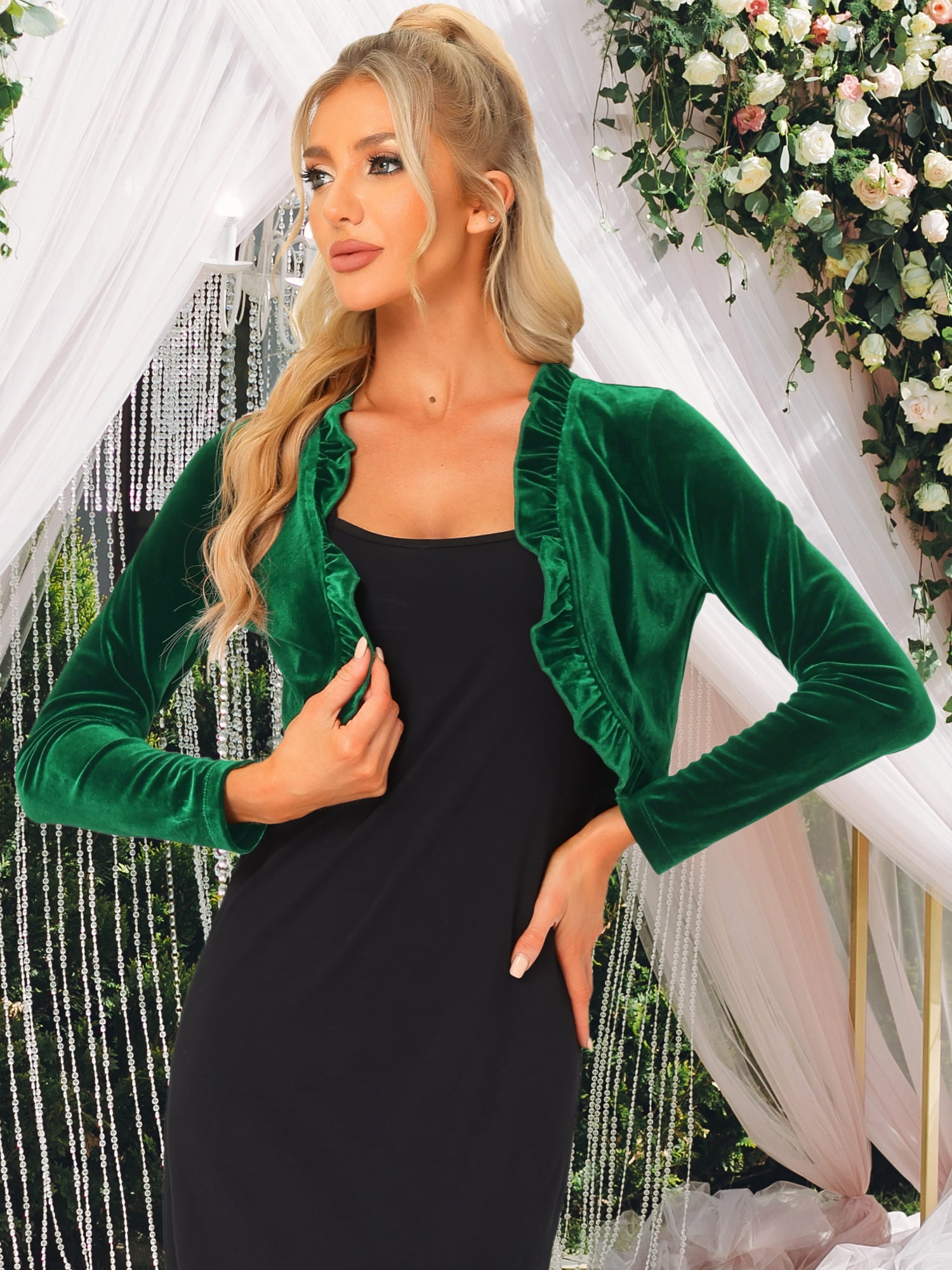 DARING DIVA Gothic Open Front Velvet Shrug Cropped Cardigan S Green