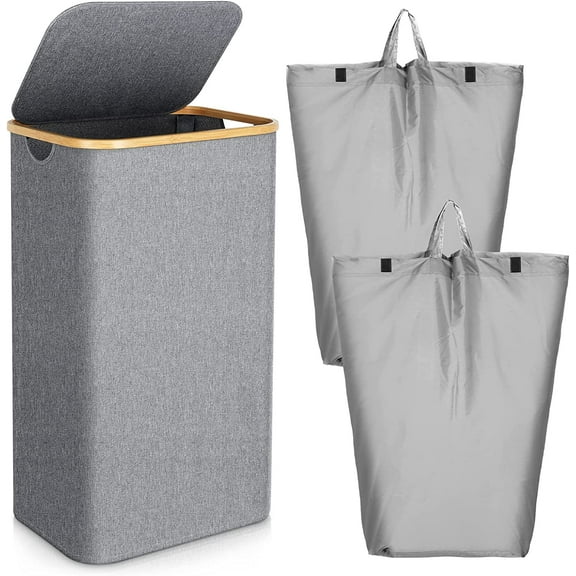 88L Laundry Basket with Lid and 2 Removable Liners, Large Hampers for Laundry, Collapsible Laundry Baskets with Bamboo Handles Portable Dirty Clothes Hamper for Dorm Room, Bathroom, Bedroom