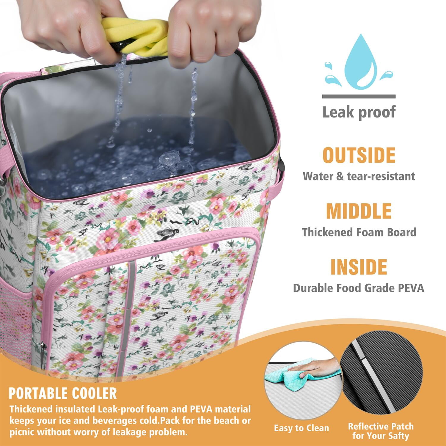 Travel Cooler Bag - Pioneer Flower Floral Print Pattern Camping Beer Cooler Backpack with Bottle Opener- Waterproof Insulated Picnic Backpacks - Cooler Bag for Beach