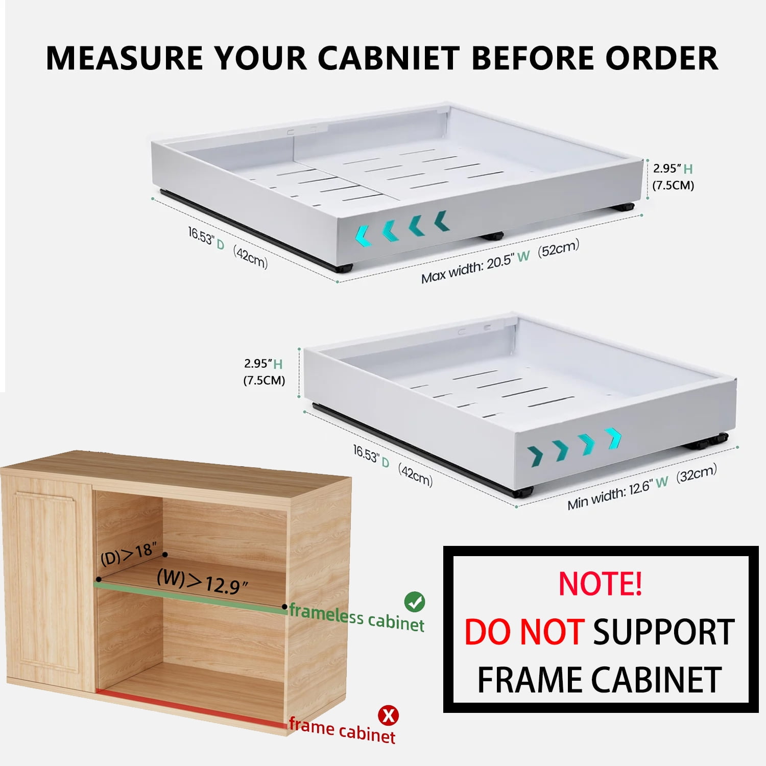 PHANCIR 2 Pack Pull out Cabinet Organizer with 3 Sliding Rails, 12.6-20.5in Expandable Heavy Duty Slide out Drawers for Kitchen, Pantry, Bathroom, Not Suitable for Framed Cabinets