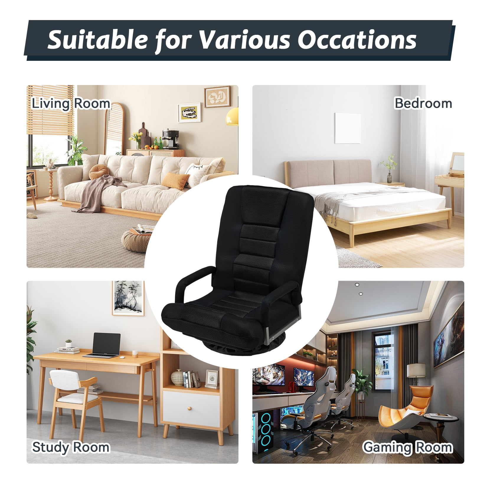 Avocahom Swivel Gaming Floor Chair w/ Armrest Handles, No Assembly gaming chair rocker, Folding Reclining Sofa w/6 Position Adjustable Backrest for Video Games, Watching TV, Reading,Black