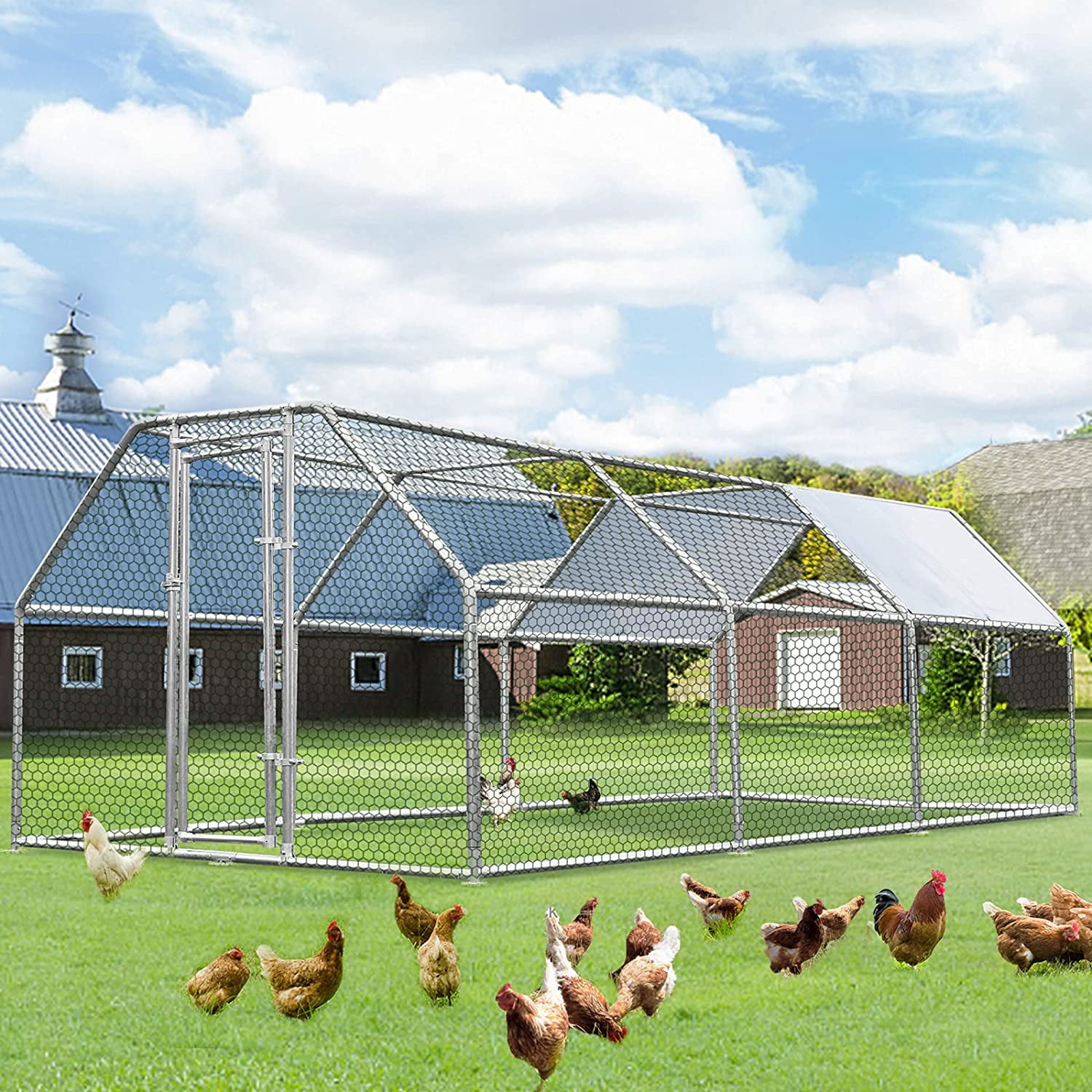 YODOLLA Outdoor Chicken Playpen 19' x 9' x 6.5' Walk-in Metal Hen Cage with Waterproof Cover Chicken Coop Enclosure