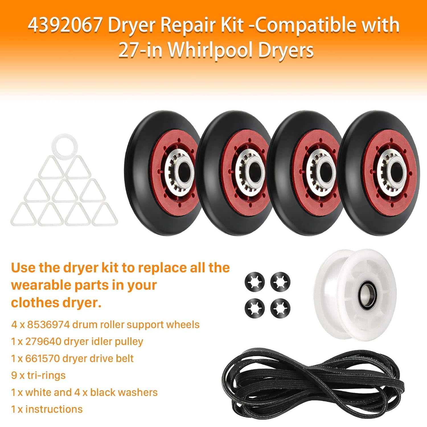 Upgrade 4392067 Dryer Repair Maintenance Kit -Perfect for Whirlpool Cabrio Duet Maytag Bravos XL Kenmore Elite Dryer Parts,with WPW10314173 Drum Roller&661570V Belt&Idler Pulley