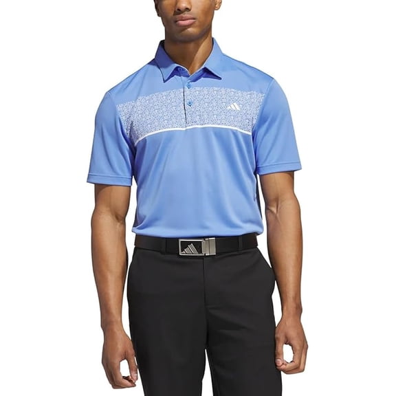 Adidas Men's Stretch Short Sleeve Chest Print Golf Polo Shirt (Blue Fusion, Medium)