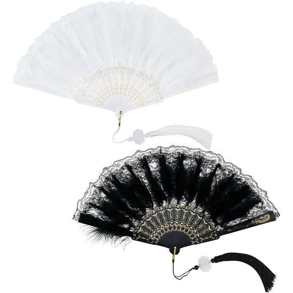 LINLIN Folding Handheld Fan 1920s Marabou Feather Fan With Pendent,Lace Spanish Fans Handheld Vintage Hand Held Fabric Fan for Photo Props Wedding Dancing Party Decor