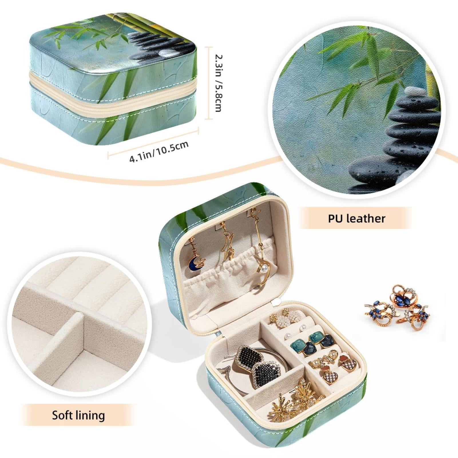 PhooArto Small Jewellery Box, Zen Stones and Bamboo Portable Travel Mini Jewelry Case for Women Leather Ring Organizer