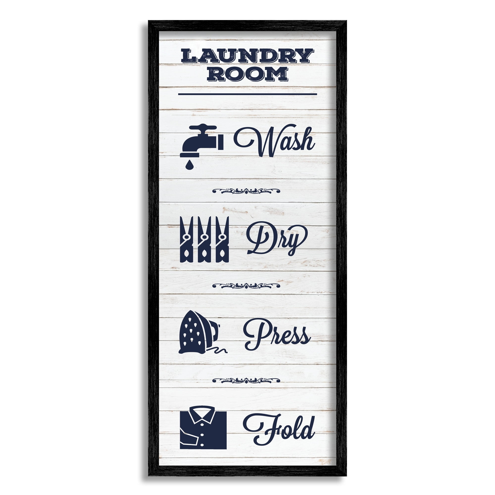 Stupell Industries Laundry Room Rustic Sign Wash Dry Fold Icons Typography Painting Gray Framed Art Print Wall Art, 13 x 30