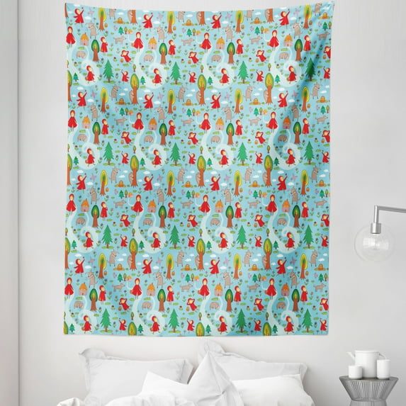 Cartoon Tapestry, Red Riding Hood Tale Themed Illustration with House and Big Bad Wold in the Forest, Fabric Wall Hanging Decor for Bedroom Living Room Dorm, 5 Sizes, Multicolor, by Ambesonne