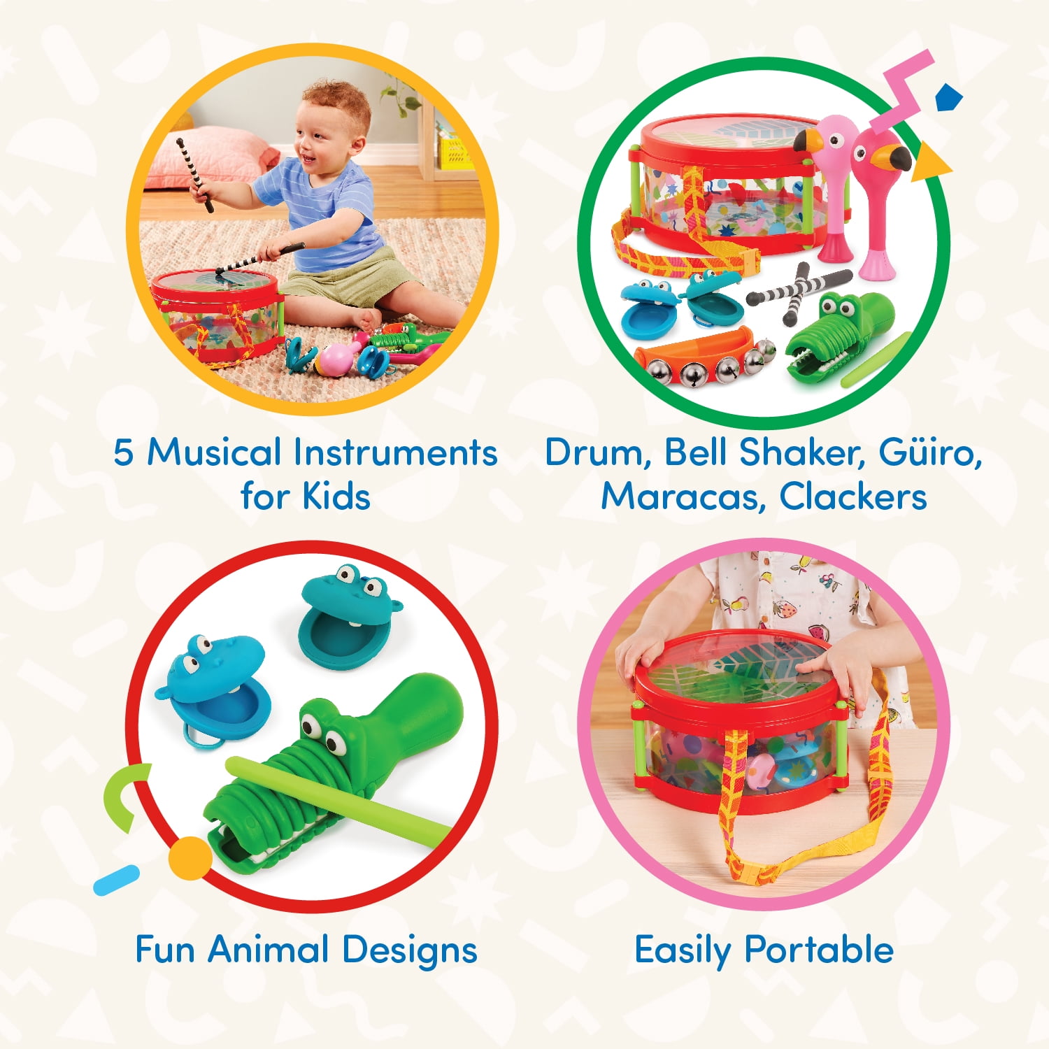Battat Animal Jamboree Toy Drum and 4 Musical Instruments, Toddler and Preschool Toys  (图3)