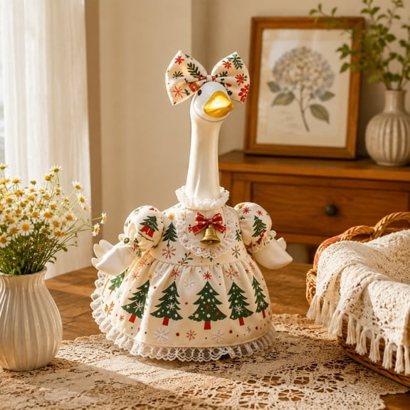 19-23 Inch Porch Goose Outfit Christmas Tree Snowflake Print Dress with Bell Bow Accent and Matching Headband for Outdoor Front Yard Decor