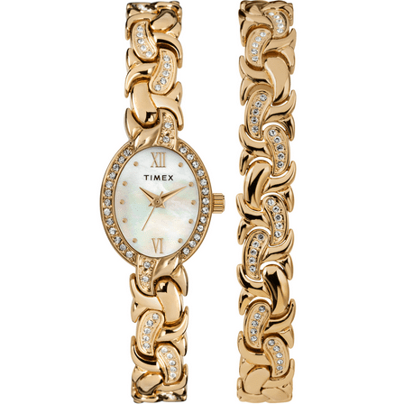 Timex Women's Dress Crystal 19mm Watch & Bracelet Gift Set – Mother-of-Pearl Dial Gold-Tone Bracelet
