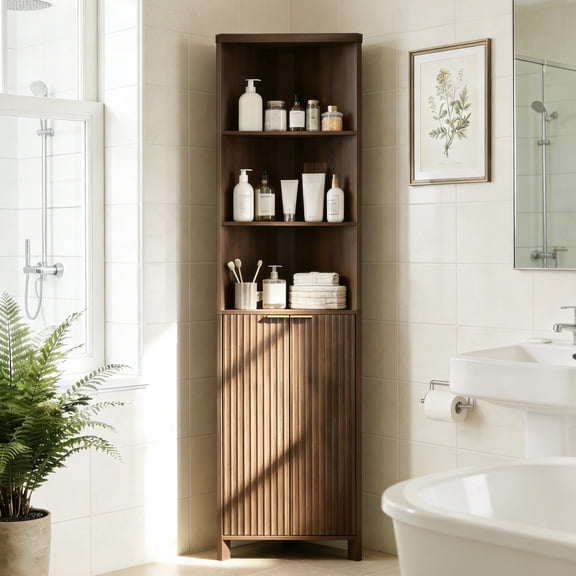 Ktaxon Corner Bathroom Cabinet with Fluted Double - doors, 5 - Tier Freestanding Storage, Walnut