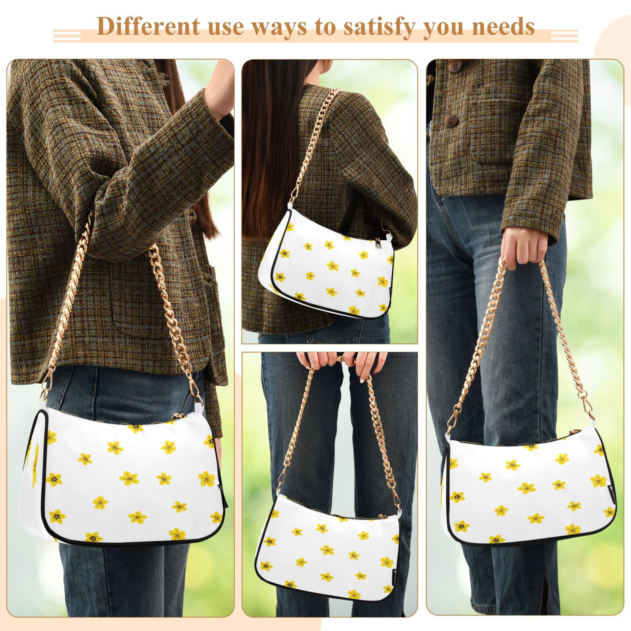 Ryvnso Floral Yellow Womens Chain Shoulder Bag Tote Handbags Clutch Hobo Purse with Zipper for Travel