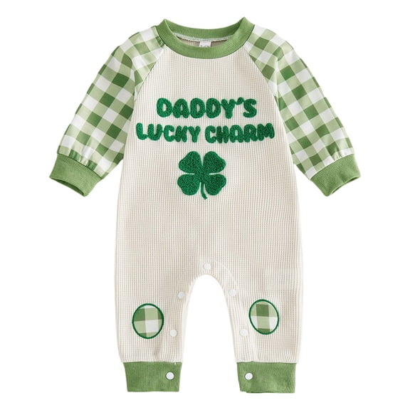 Nwiuh Newborn Baby Boy Girl St Patricks Day Outfit Lucky Boy Clover Embroidery Romper Jumpsuit Bodysuit Infant Clothes (Beige, 0-3 Months)