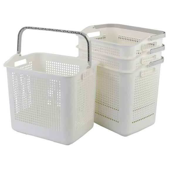 35 L Plastic Laundry Storage Basket, White Laundry Hamper with Handle, 4-Pack