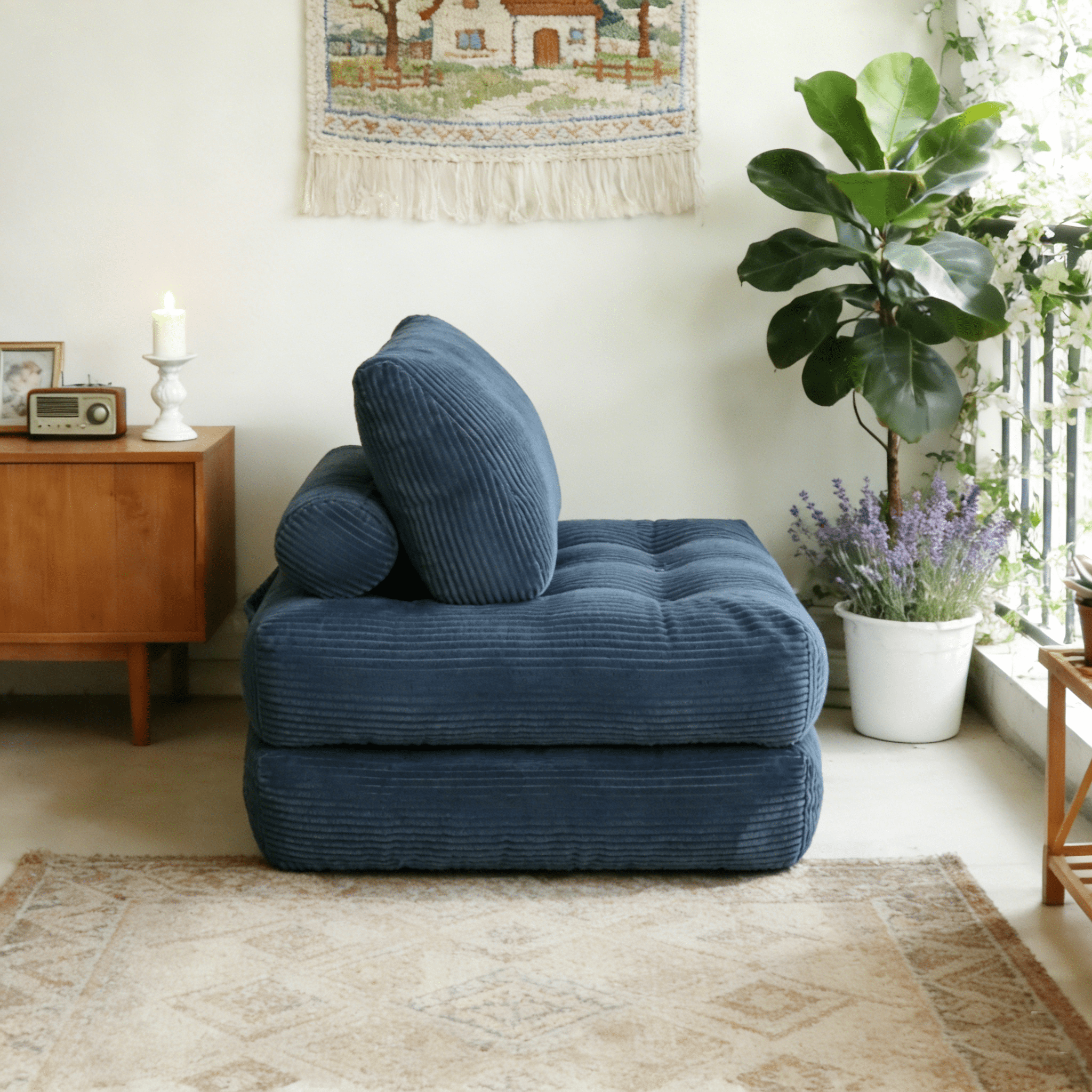 70.8-Inch Beanbag Couch for Adults, Corduroy Fluffy Cloud Lazy Sofa Chair with Ergonomic Support for Living Room and Dorm, No Assembly Required, Blue