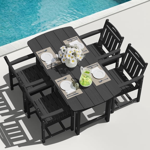 MUCHENGHY 5-Piece HDPE All-Weather Patio Dining Set w/ 4 Chairs and Umbrella Hole, Black
