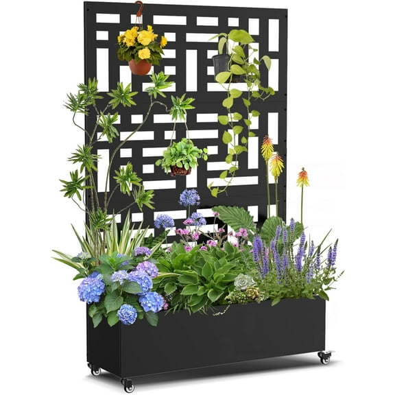 Sedeke 71"x 47"x 16" Metal Planter Box with Trellis,  Raised Garden Bed with Trellis & Wheels, Planter Box with Drainage Holes