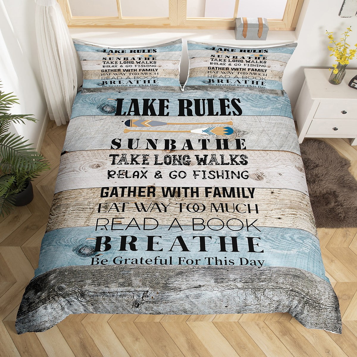 Lake Rules Bedding Set Lake Cabin Decor,Vintage Country Retro Wood