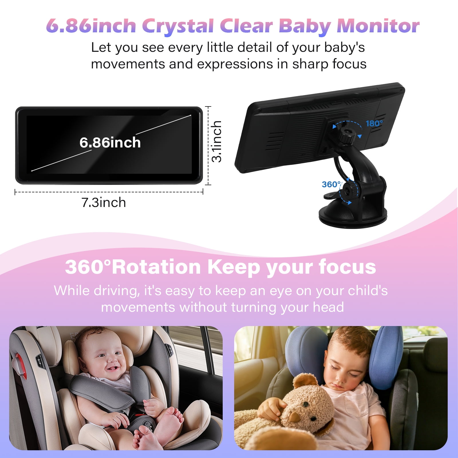 Baby Car Camera for 2 Kids - 6.9-Inch Monitor Easy Setup 360° Rotatable Double HD 1080P Clear Night Vision Car Seat Camera Rear Facing for Twins or Siblings, Safety & Convenience