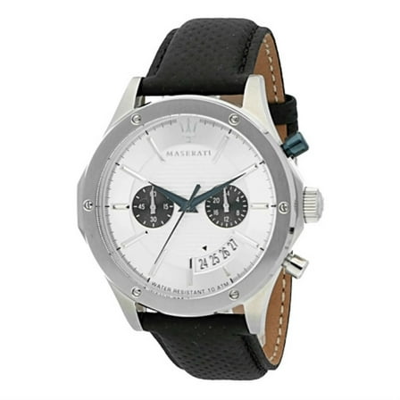 Maserati Circuito Collection Silver Stainless Steel Case with Black Leather Strap and Silver Dial Men's Chronograph Watch. R8871627005