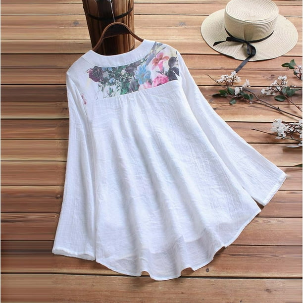 Fashion Women Vintage Cotton Bluse V Neck Long Sleeve Floral Embroidery  Blouse Shirt Tops