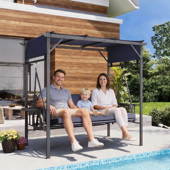 AECOJOY Balançoire de Porche à 3 Places, Balançoire de Patio Extérieure avec Cadre de Pergola en Métal et Porte-Gobelets, Bleu Foncé