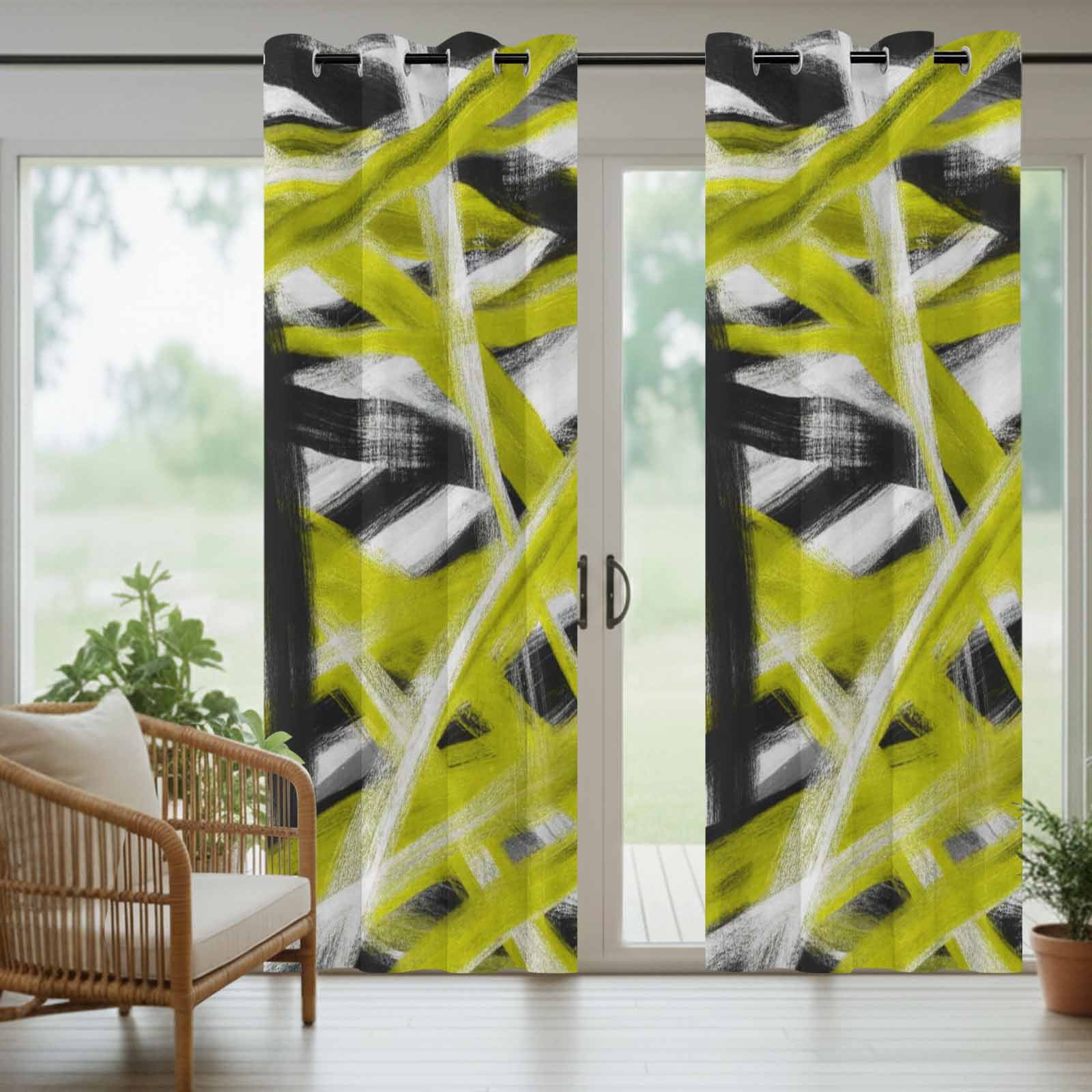 Abstract Yellow Waves Outdoor Curtains for Patio, Modern Minimalist Yellow Black White Crossed Lines Sunshade Privacy Drapes Grommet Waterproof Outside Curtains for Porch Balcony 54"x108", 1 Panel