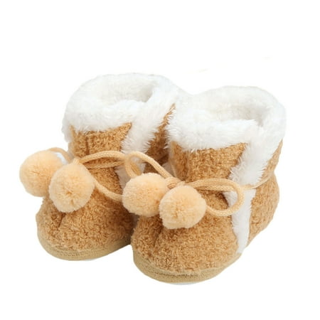 

Gureui Baby Cute Plush Flat Shoes Infant Girls Boys Bobbles Bow Non-Slip Soft Sole First Walker Winter Warm Crib Shoes