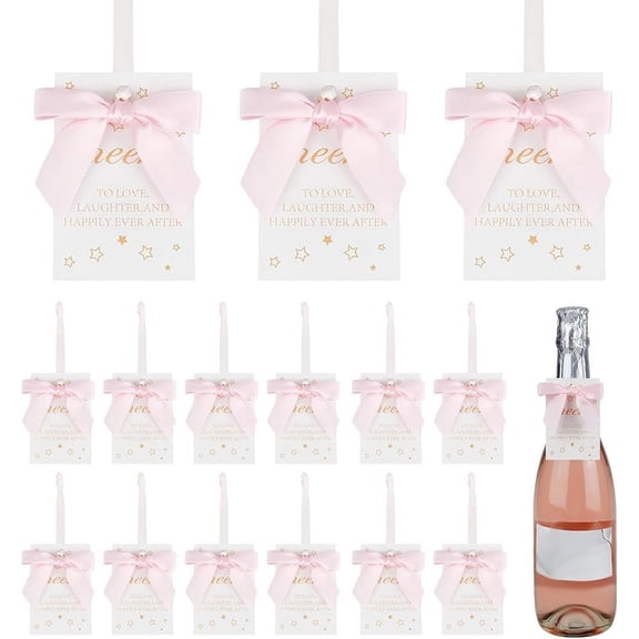 30 Set Bottle Bows with Card 4.9 Inch Pink Mini Wine Bows Misty Rose Satin Ribbon Wine Bows with Card 1.9 inch Wide Champagne Bottle Hang Tag for Crafts Party Wedding Birthday Christmas for DIY