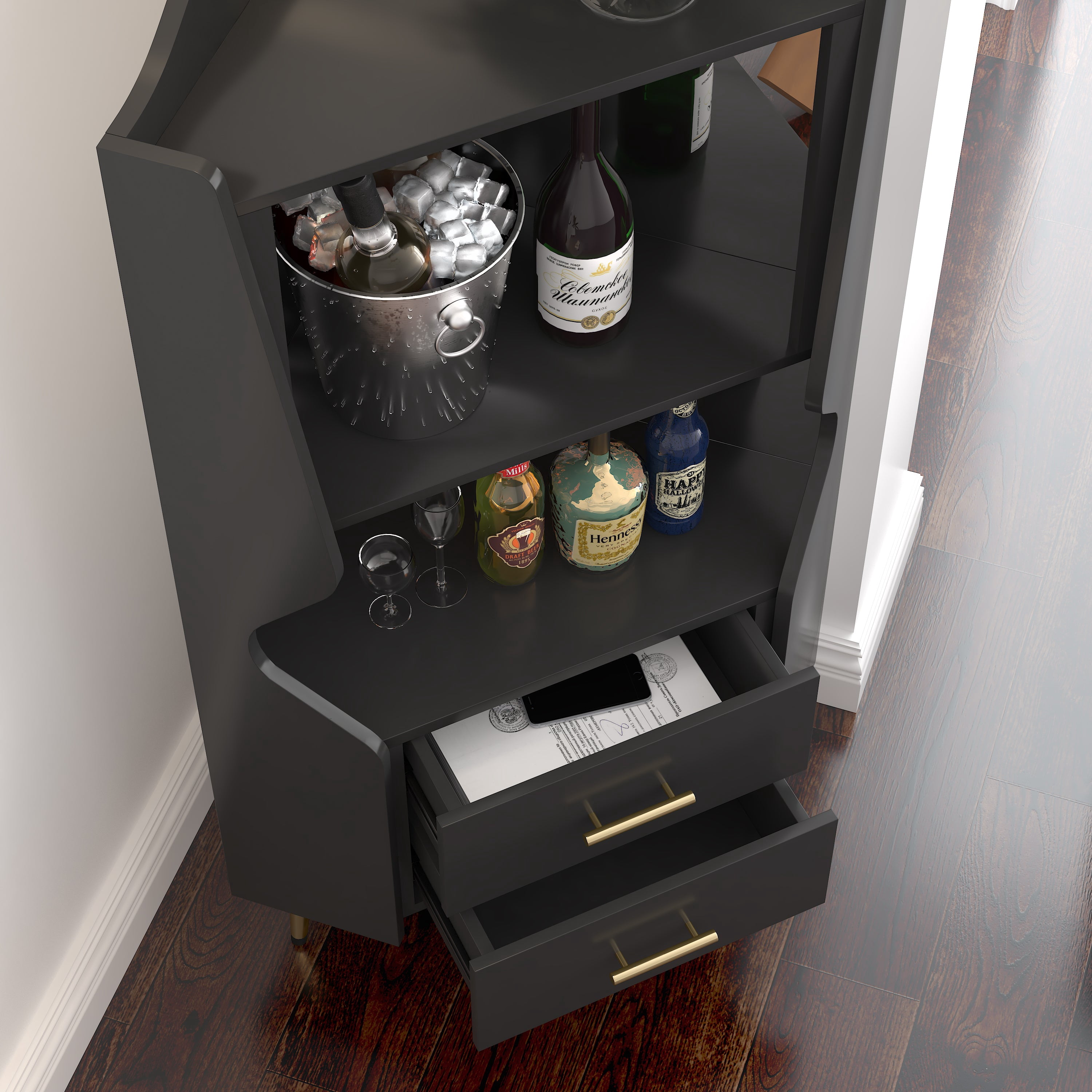 Sailvan Wooden Corner Bar Cabinet with 2 Open Shelves, 2 Drawers & Mirrored