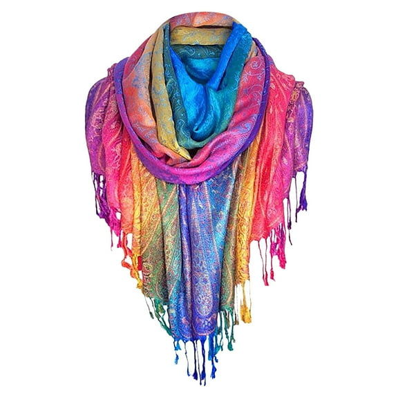 PINQI Women's Colorful Ethnic Print Tassel Scarf Soft Satin Folk Custom Print Warm Winter Shawl Wrap Lightweight Tassel Boho Style Scarf Versatile Large Square Headscarf