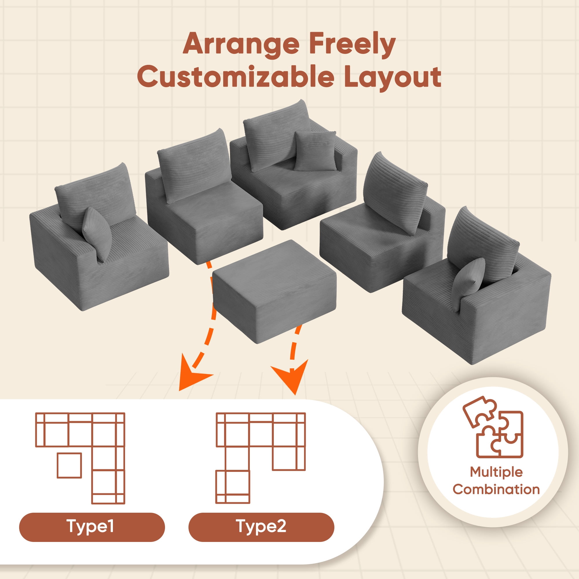 Homall Modular Corduroy Sofa, Sectional Couch with Convertible Modules, Modern Minimalist Sofa Set for Living Room, Freely Combinable Sofa Furniture, Grey