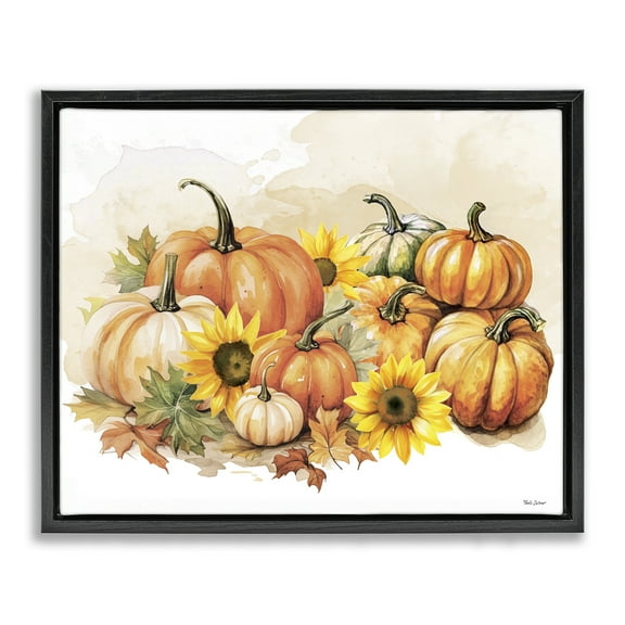 Stupell Industries Pumpkin & Sunflower Bundle Botanical & Floral Painting Black Floater Framed Canvas Art Prints Wall Art, 21 x 17