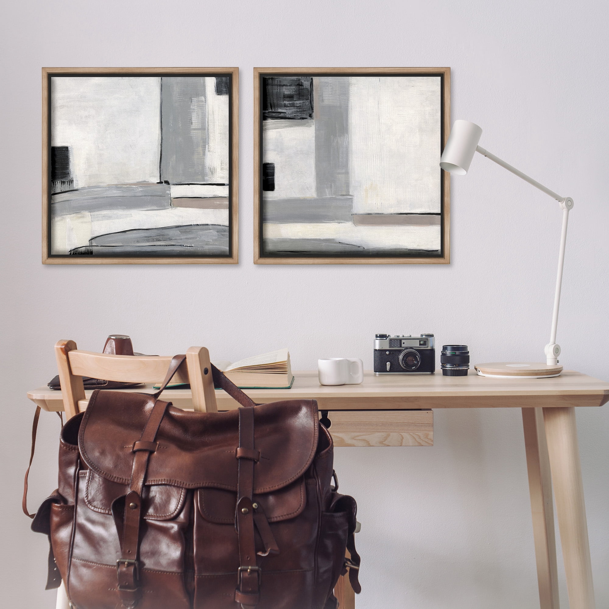 Stupell Industries Industrial Abstract Grey Geometric Abstract Painting Brown Floater Framed Canvas Art Print Wall Art, 25 x 25, Set of 2