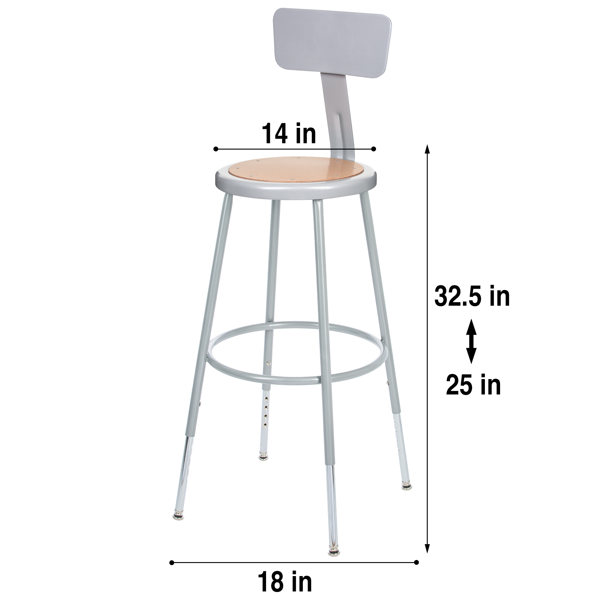 Hampden Furnishings Flynn 25"-33" Adjustable Steel Science Stool with Backrest, Grey, 2 Pk